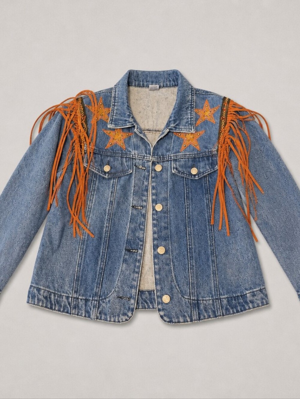 Denim Jacket with Orange Star Embroidery & Fringe